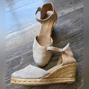 Paseart Beige Suede Espadrille Wedge Sandals -
